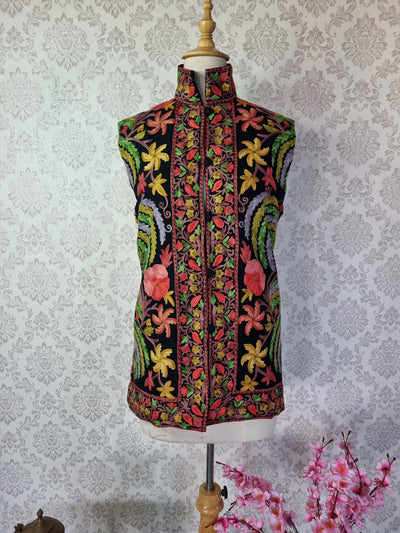 Kashmiri Sleeveless Jacket With All Over Aari Embroidery - KashmKari