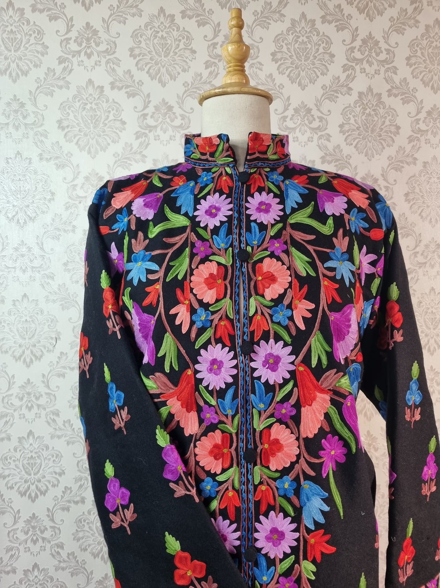 Vibrant V-Shaped Embroidered Kashmiri Long Jacket - KashmKari
