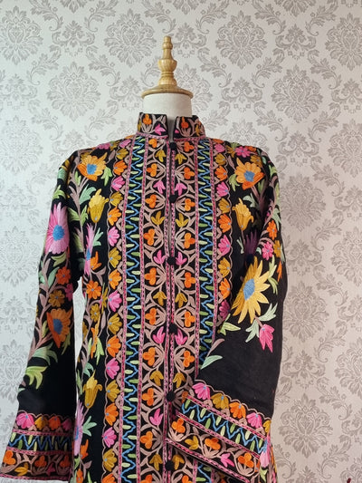 Exquisite Kashmiri Embroidery Floral Design Jacket with Elegant Border Detail - KashmKari