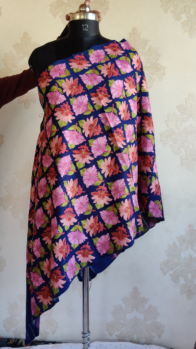 Enchanting Blue Merino Wool Scarf with Aari Cut Work Embroidery