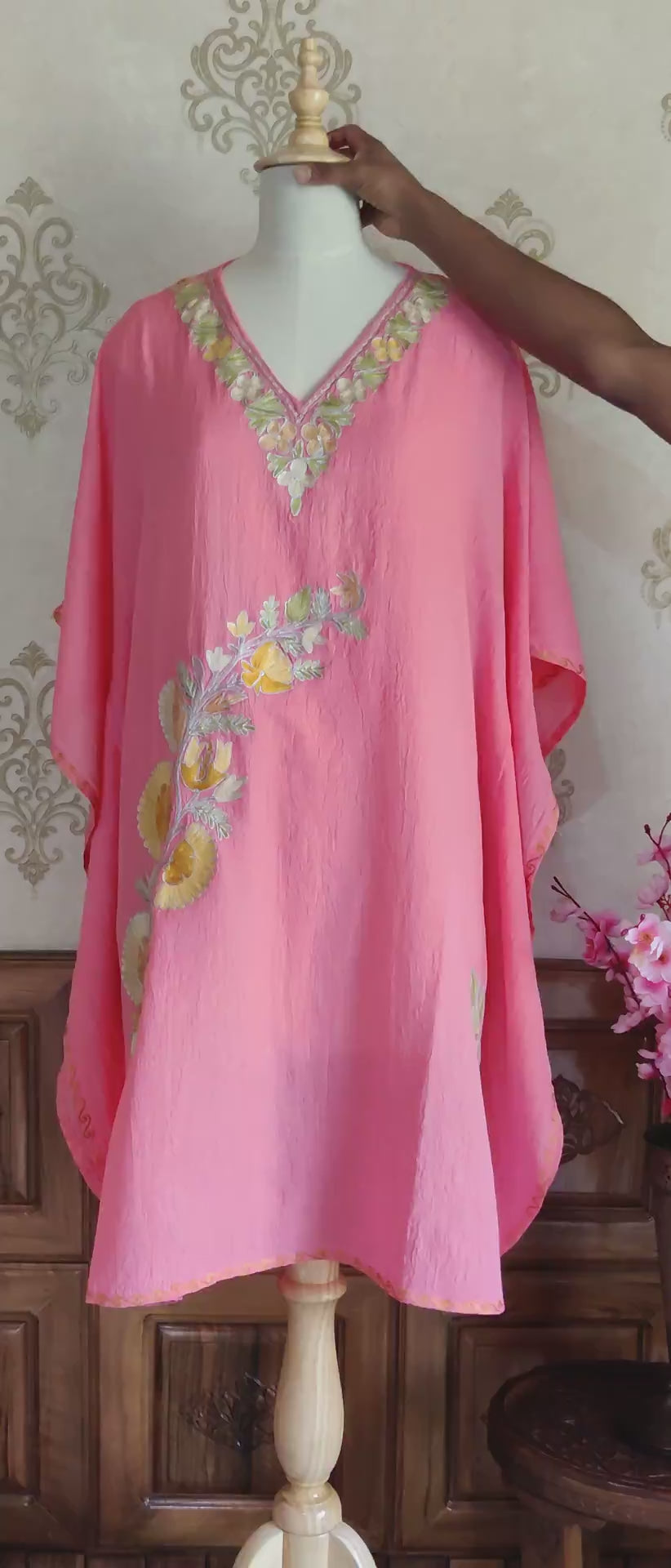 Pink Kashmiri Kaftan With Floral Embroidery