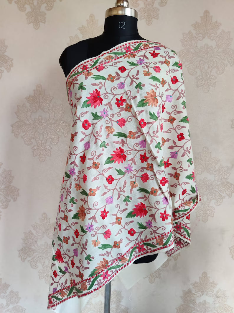 Pure Woolen White Kashmiri Embroidery Scarf with All over Heavy Aari Embroidery - KashmKari