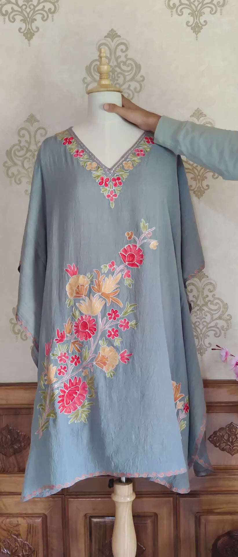 grey Kashmiri Kaftan With Floral Embroidery