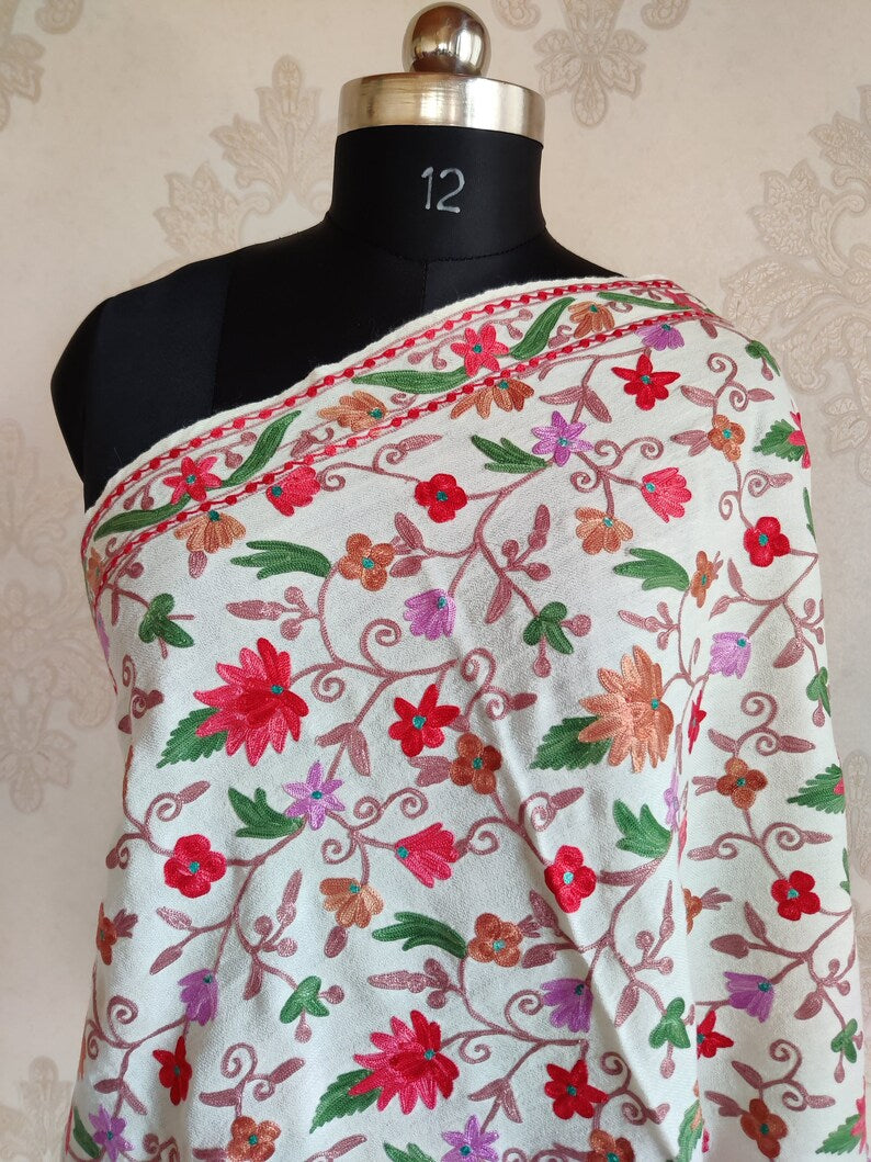 Pure Woolen White Kashmiri Embroidery Scarf with All over Heavy Aari Embroidery - KashmKari