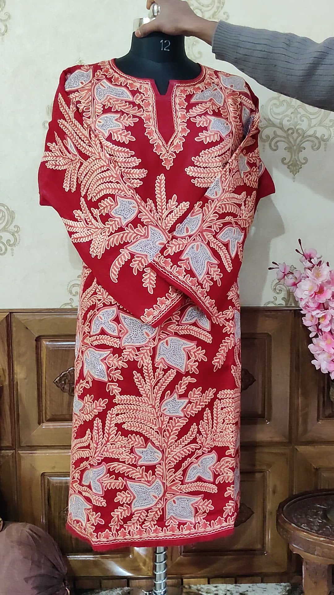 Floral Aari & Tilla-Embroidered Red Pheran