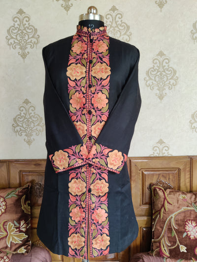 Kashmiri jacket with multicolor embroidery on the border - KashmKari