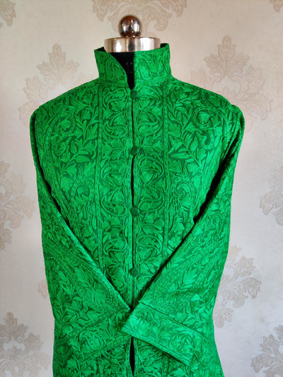 Green Kashmiri jacket with Monochromatic Embroidery - KashmKari