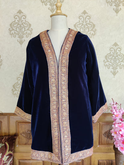 Blue Kashmiri Robe With tilla Embroidery , Luxurious Velvet Kimono Robe With Tilla Work