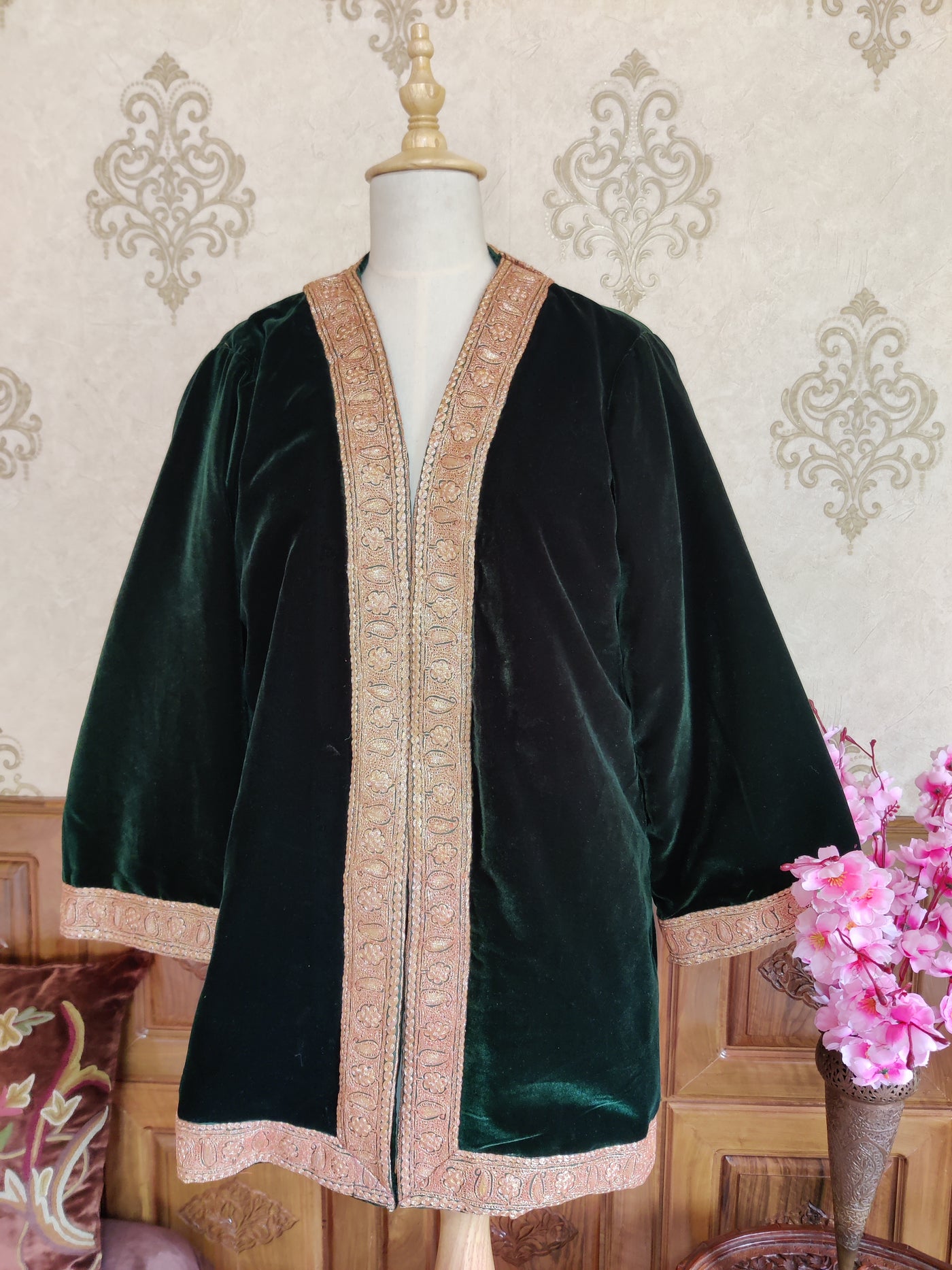 Green Kashmiri Robe With tilla Embroidery , Luxurious Velvet Kimono Robe With Tilla Work - KashmKari