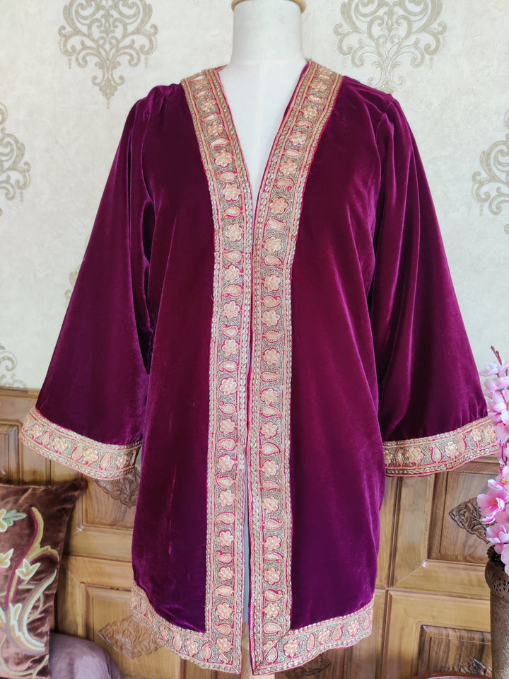 Kashmiri Robe With tilla Embroidery , Luxurious Velvet Kimono Robe With Tilla Work - KashmKari