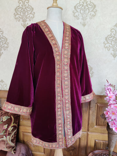 Kashmiri Robe With tilla Embroidery , Luxurious Velvet Kimono Robe With Tilla Work - KashmKari