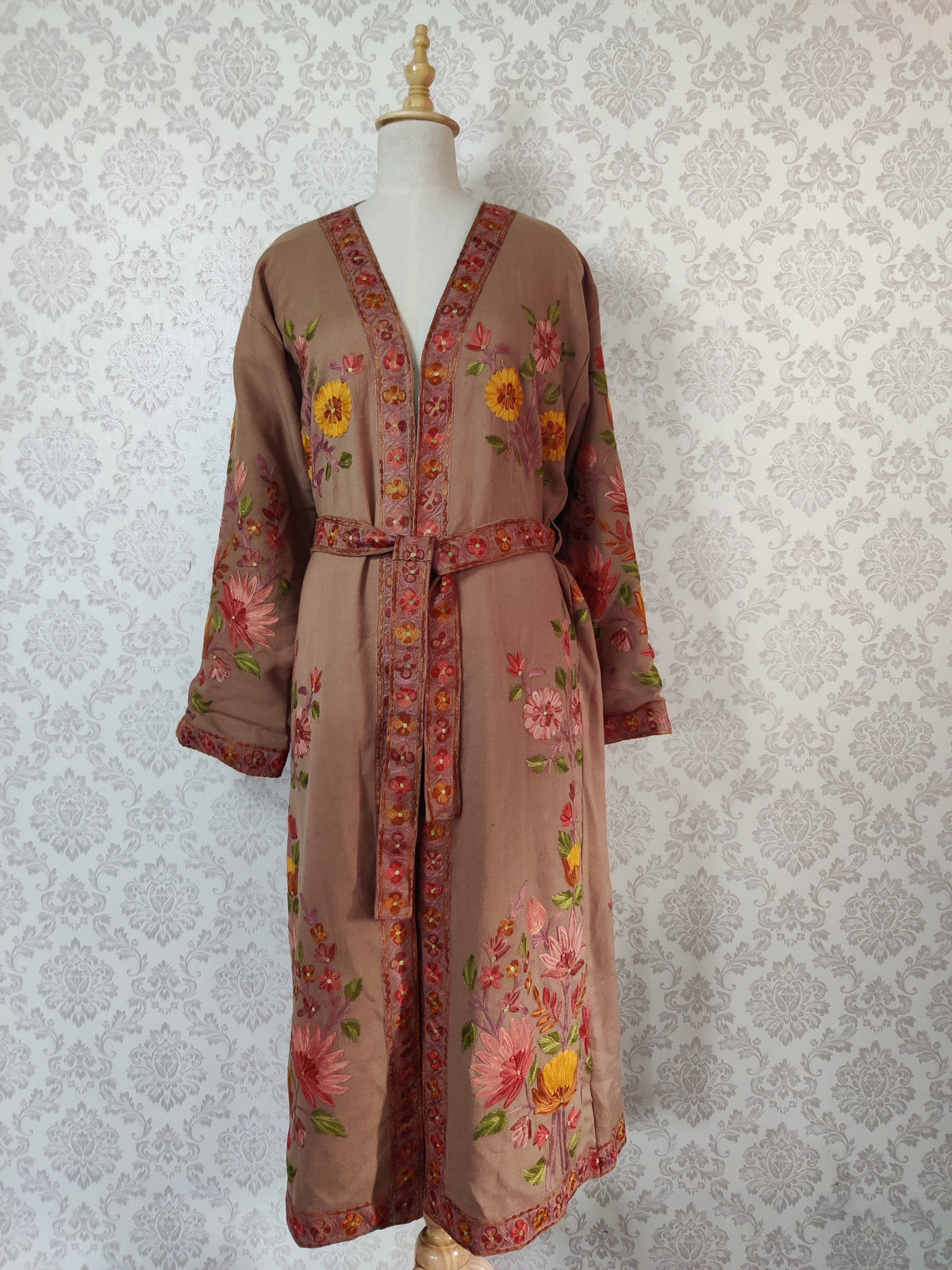 Brown Long Kashmiri Embroidery Robe with Floral Embroidery Belt | Kashmiri Kimono