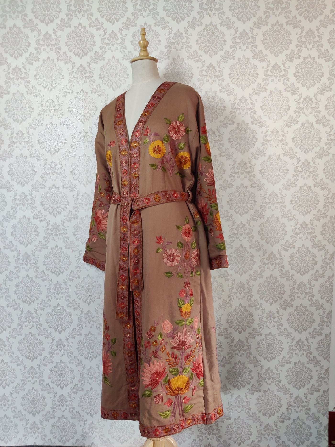Brown Long Kashmiri Embroidery Robe with Floral Embroidery Belt | Kashmiri Kimono