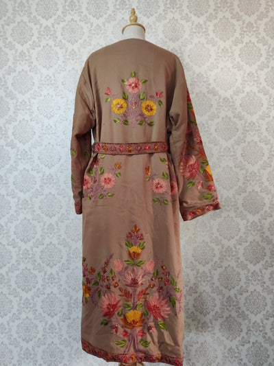 Brown Long Kashmiri Embroidery Robe with Floral Embroidery Belt | Kashmiri Kimono