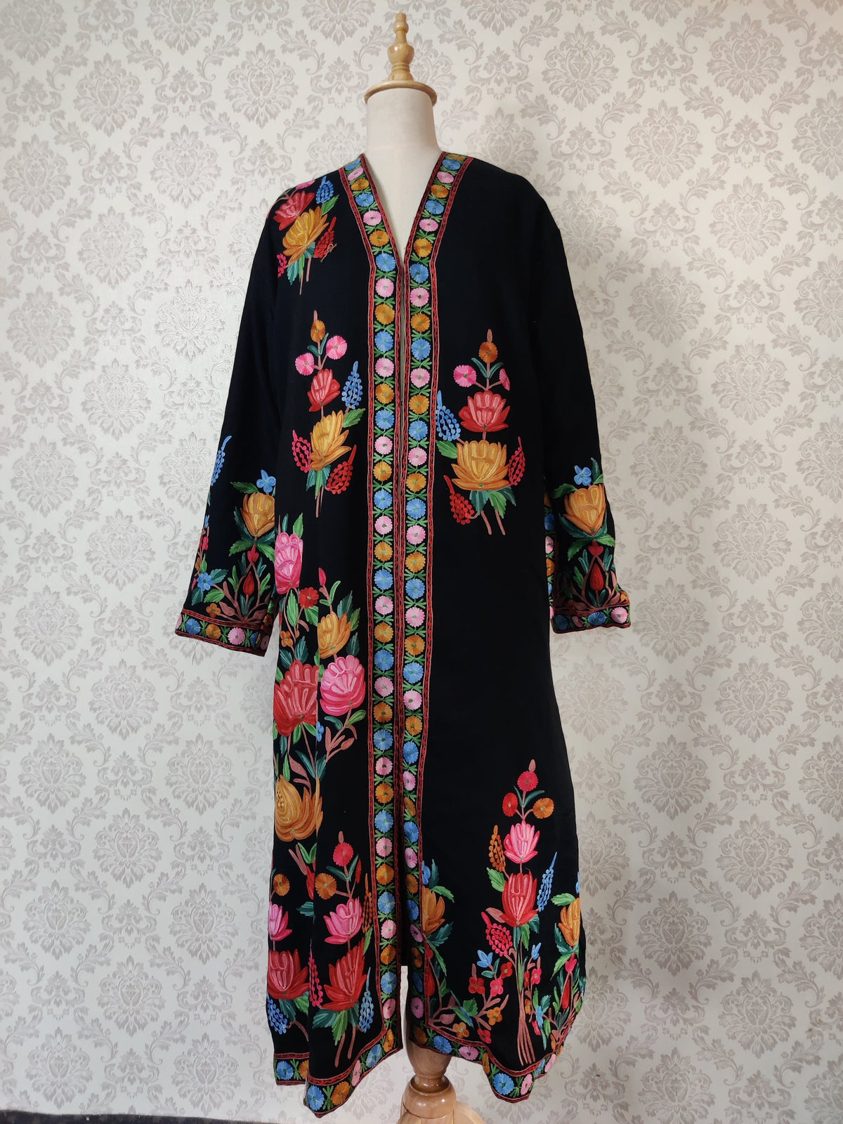 Black Long Kashmiri Embroidery Robe with Floral Embroidery Belt | Kashmiri Kimono