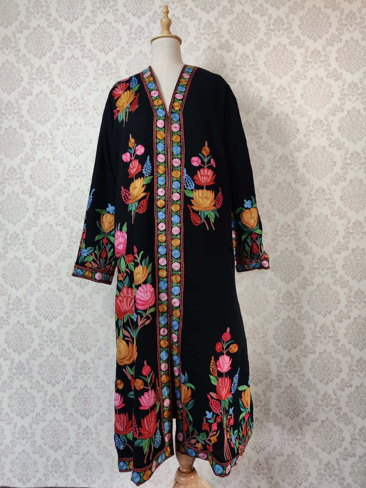Black Long Kashmiri Embroidery Robe with Floral Embroidery Belt | Kashmiri Kimono