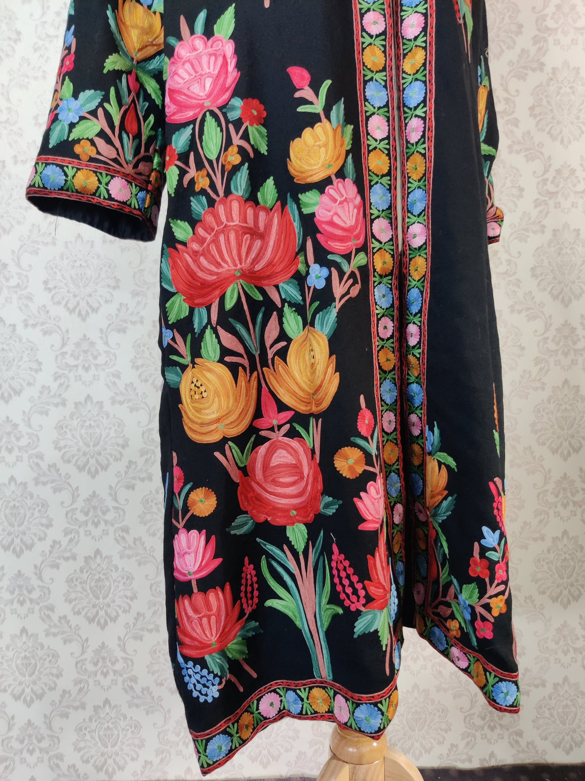 Black Long Kashmiri Embroidery Robe with Floral Embroidery Belt | Kashmiri Kimono