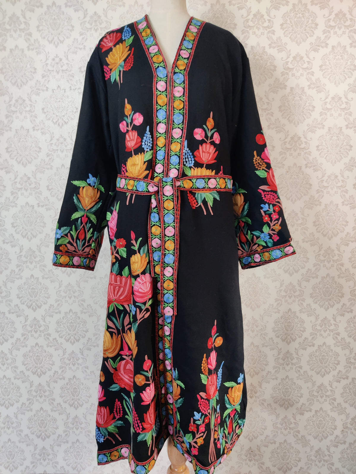 Black Long Kashmiri Embroidery Robe with Floral Embroidery Belt | Kashmiri Kimono