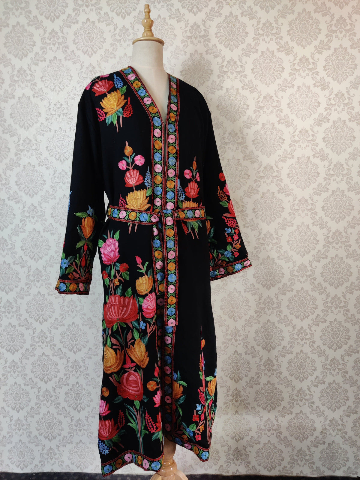Black Long Kashmiri Embroidery Robe with Floral Embroidery Belt | Kashmiri Kimono