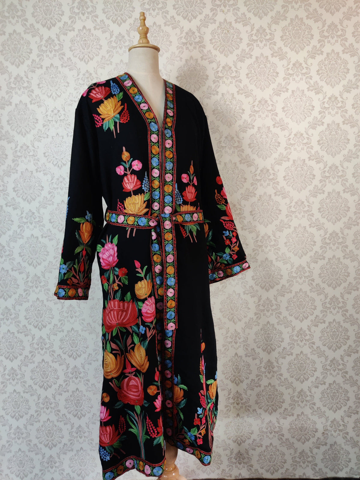 Black Long Kashmiri Embroidery Robe with Floral Embroidery Belt | Kashmiri Kimono