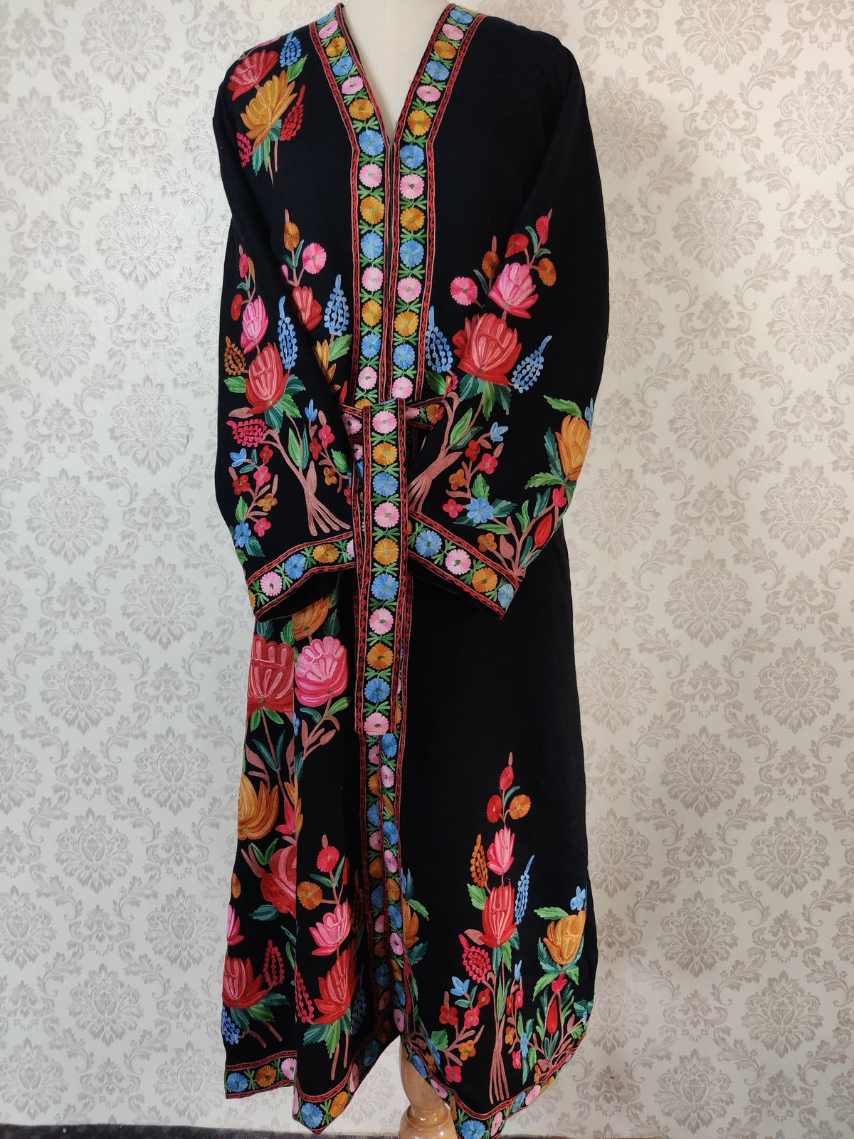 Black Long Kashmiri Embroidery Robe with Floral Embroidery Belt | Kashmiri Kimono