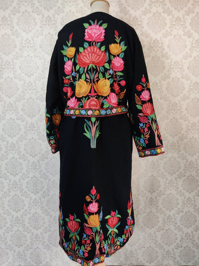 Black Long Kashmiri Embroidery Robe with Floral Embroidery Belt | Kashmiri Kimono