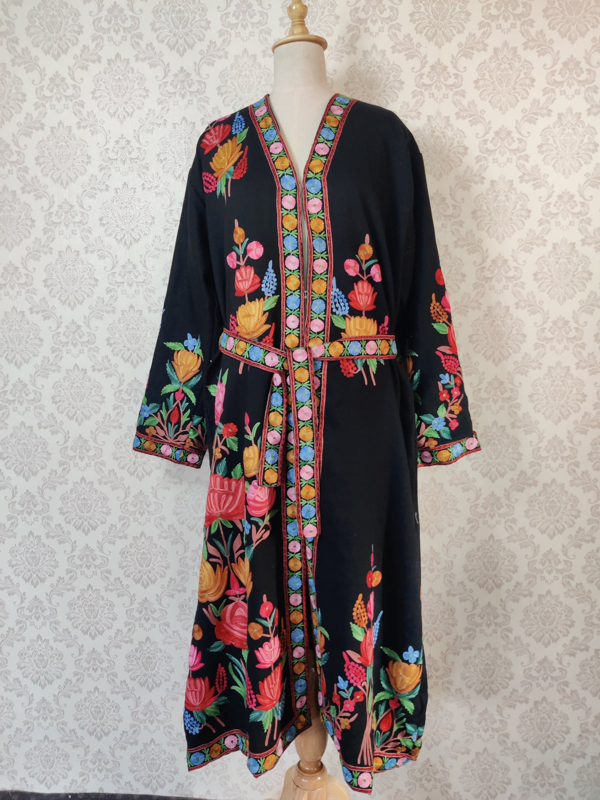 Black Long Kashmiri Embroidery Robe with Floral Embroidery Belt | Kashmiri Kimono