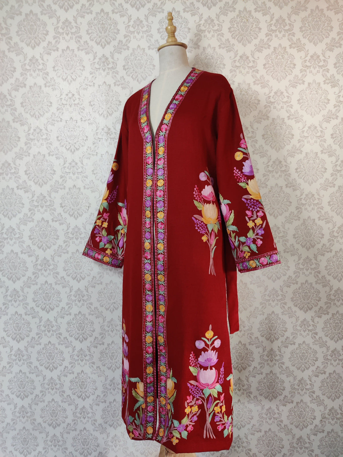 Maroon Long Kashmiri Embroidery Robe with Floral Embroidery Belt | Kashmiri Kimono - KashmKari