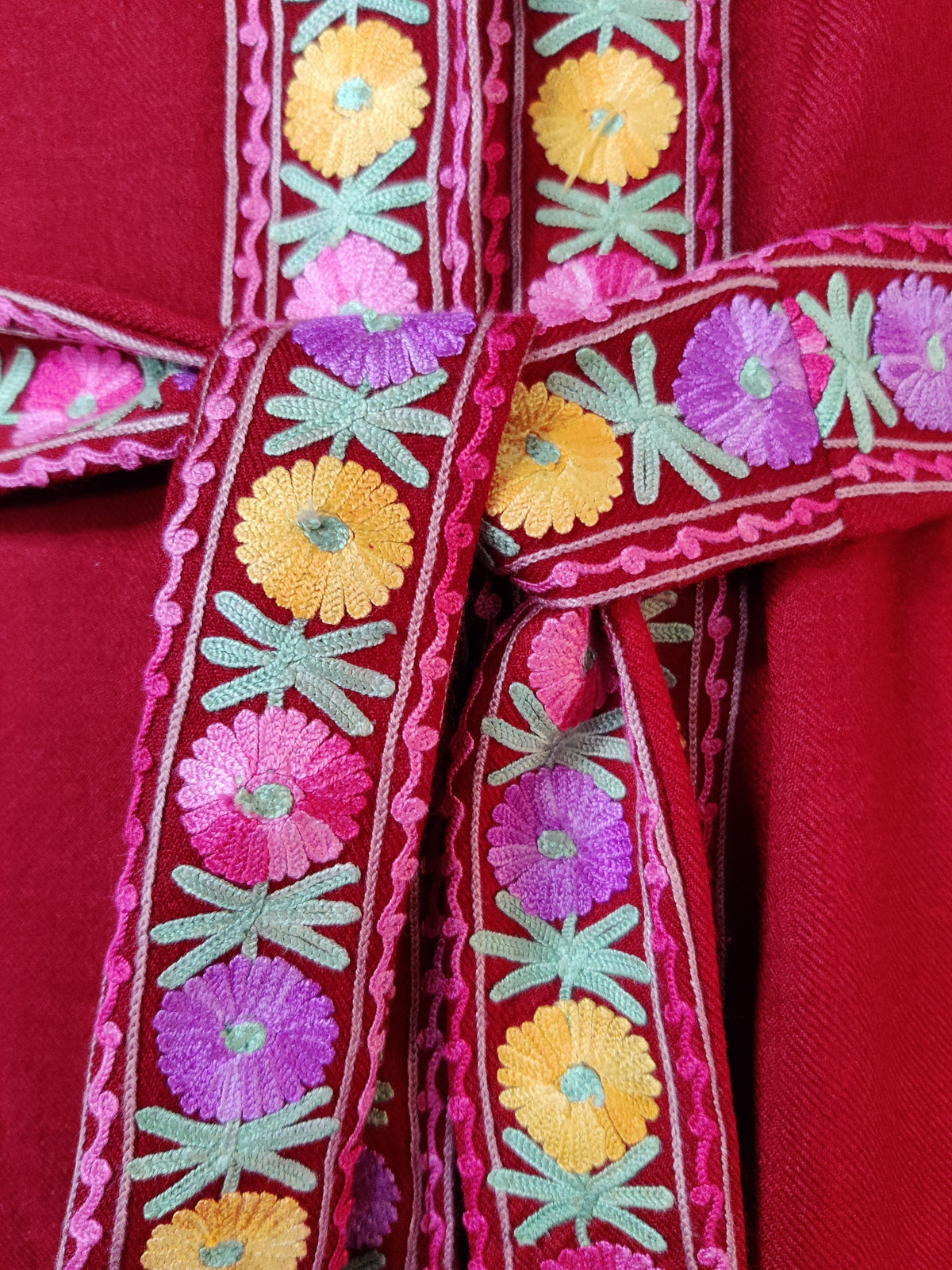 Maroon Long Kashmiri Embroidery Robe with Floral Embroidery Belt | Kashmiri Kimono - KashmKari
