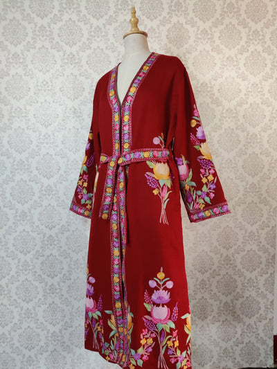 Maroon Long Kashmiri Embroidery Robe with Floral Embroidery Belt | Kashmiri Kimono - KashmKari
