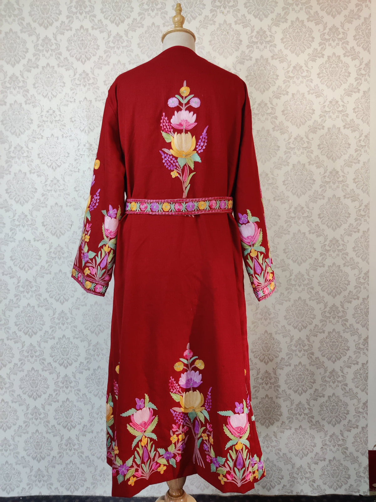 Maroon Long Kashmiri Embroidery Robe with Floral Embroidery Belt | Kashmiri Kimono - KashmKari