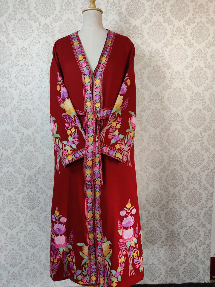 Maroon Long Kashmiri Embroidery Robe with Floral Embroidery Belt | Kashmiri Kimono - KashmKari