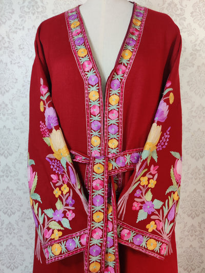 Maroon Long Kashmiri Embroidery Robe with Floral Embroidery Belt | Kashmiri Kimono - KashmKari