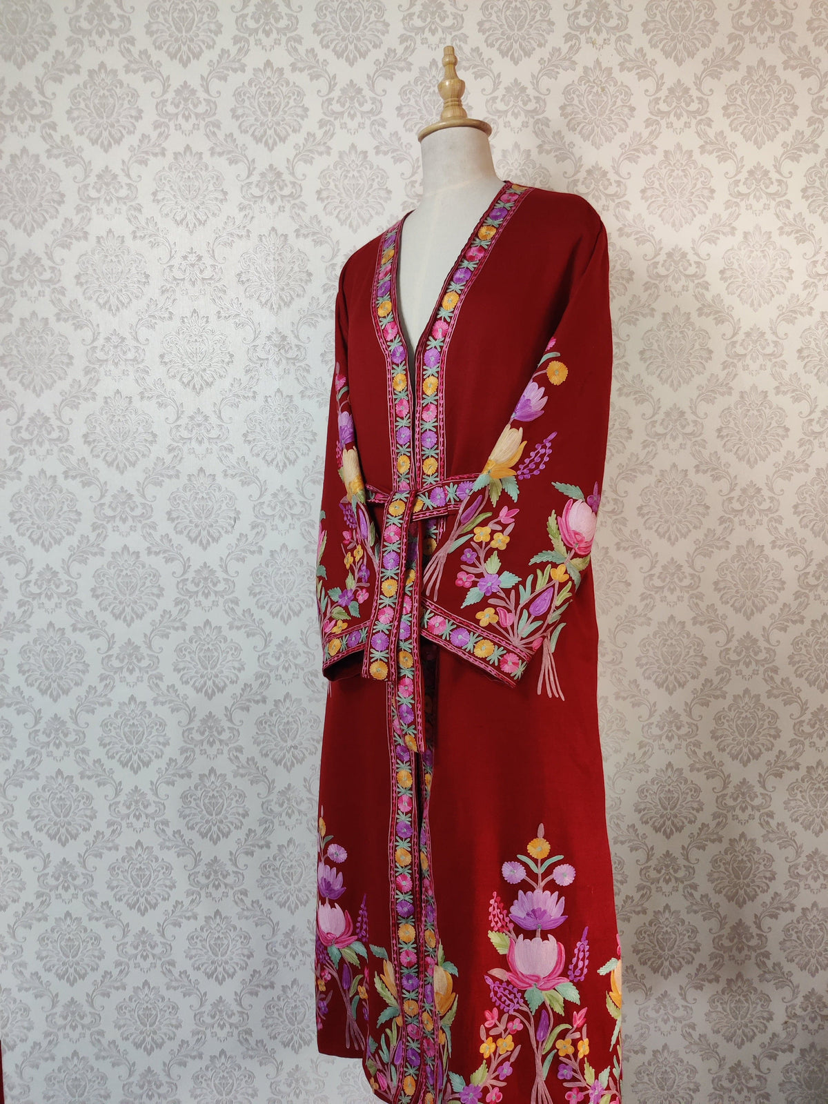 Maroon Long Kashmiri Embroidery Robe with Floral Embroidery Belt | Kashmiri Kimono - KashmKari