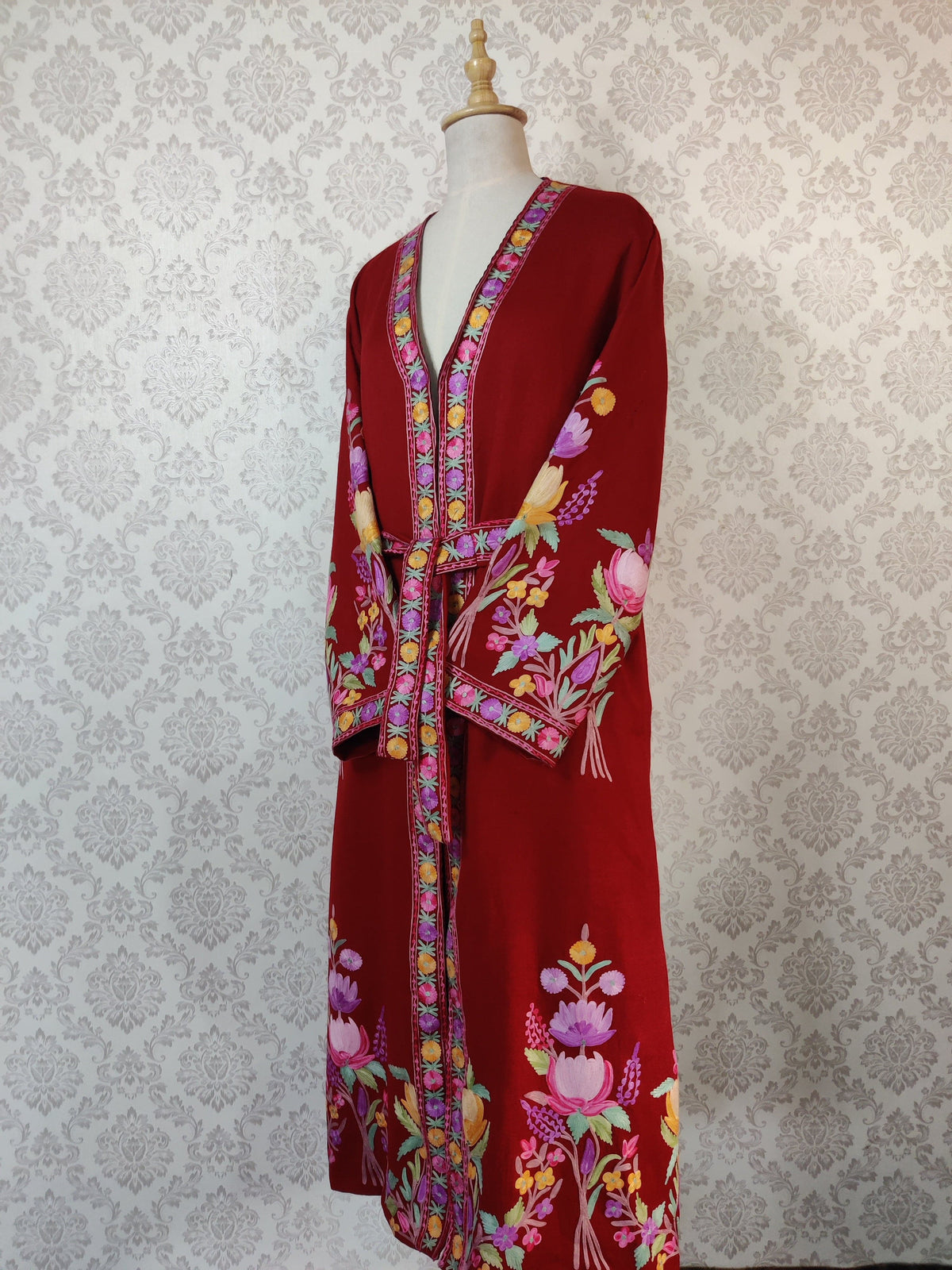 Maroon Long Kashmiri Embroidery Robe with Floral Embroidery Belt | Kashmiri Kimono - KashmKari