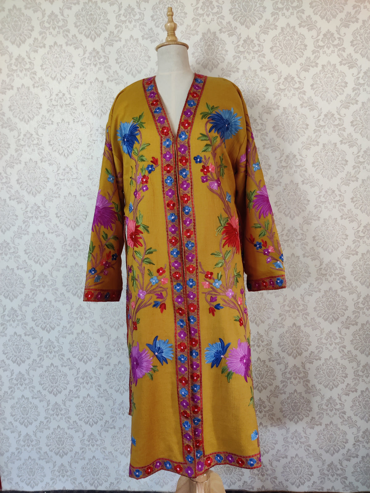 Yellow Long Kashmiri Embroidery Robe with Floral Embroidery Belt | Kashmiri Kimono - KashmKari