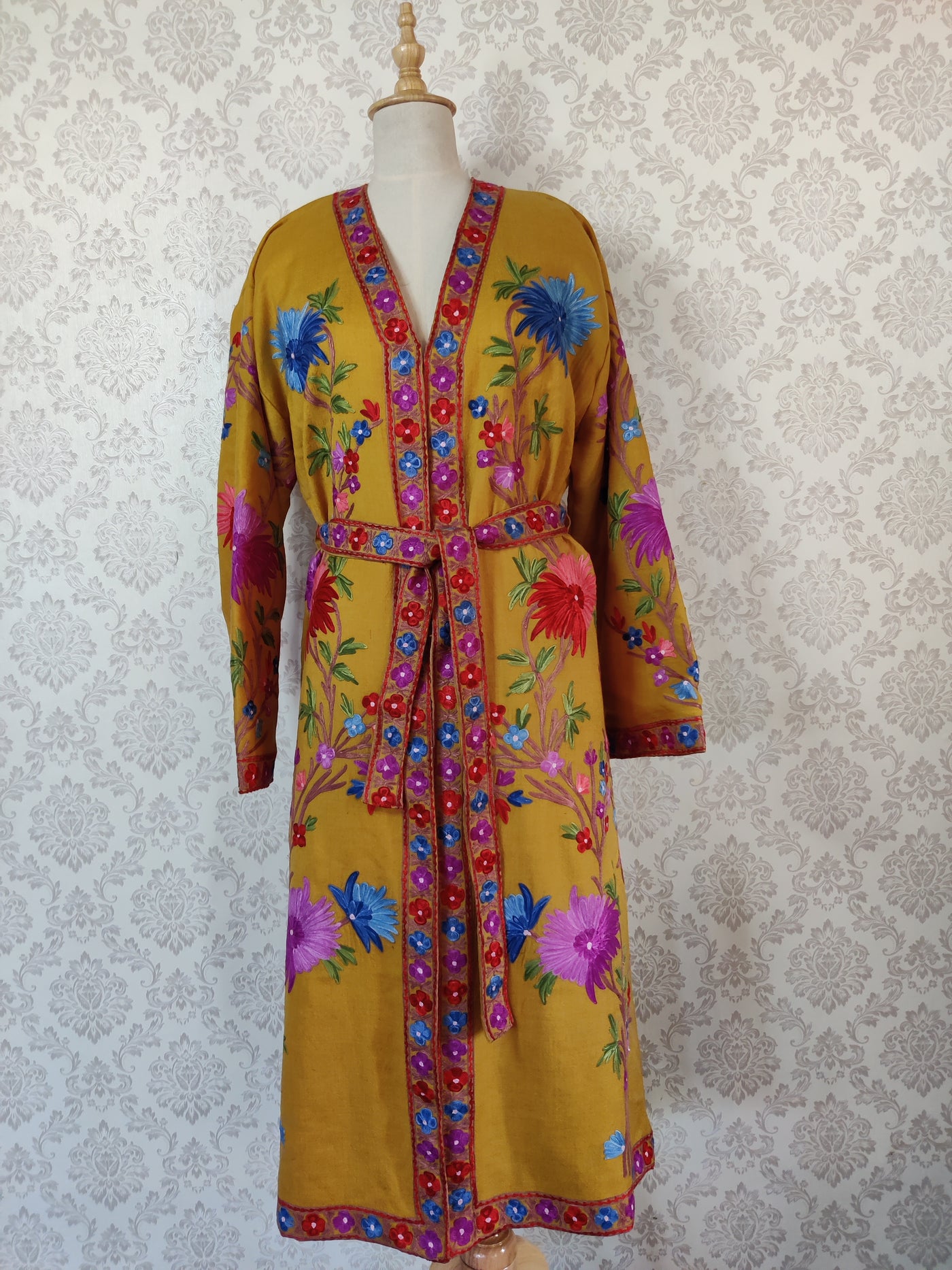 Yellow Long Kashmiri Embroidery Robe with Floral Embroidery Belt | Kashmiri Kimono - KashmKari