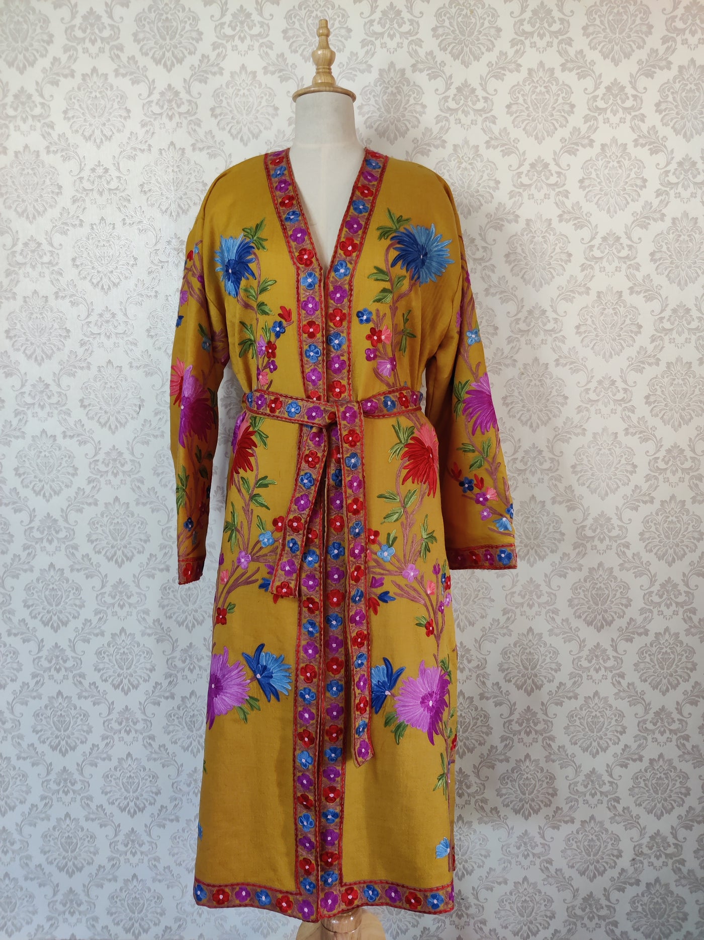 Yellow Long Kashmiri Embroidery Robe with Floral Embroidery Belt | Kashmiri Kimono - KashmKari