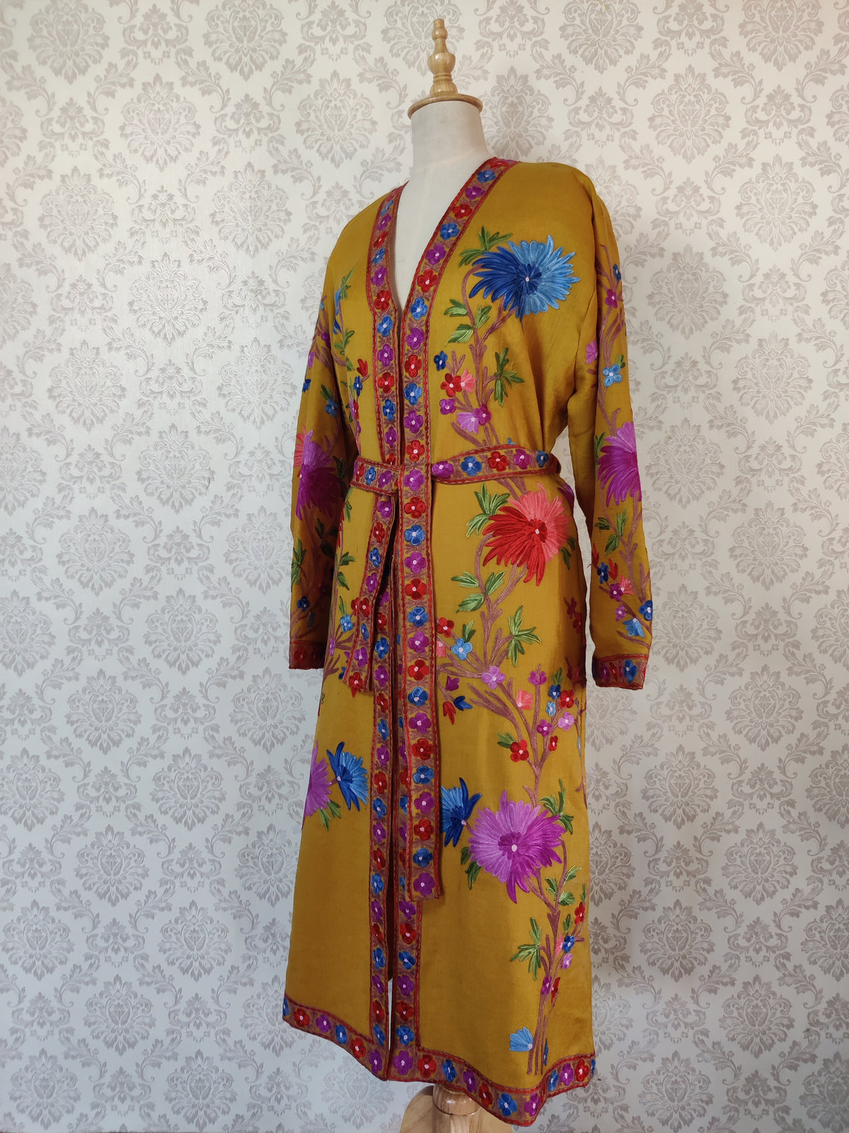 Yellow Long Kashmiri Embroidery Robe with Floral Embroidery Belt | Kashmiri Kimono - KashmKari