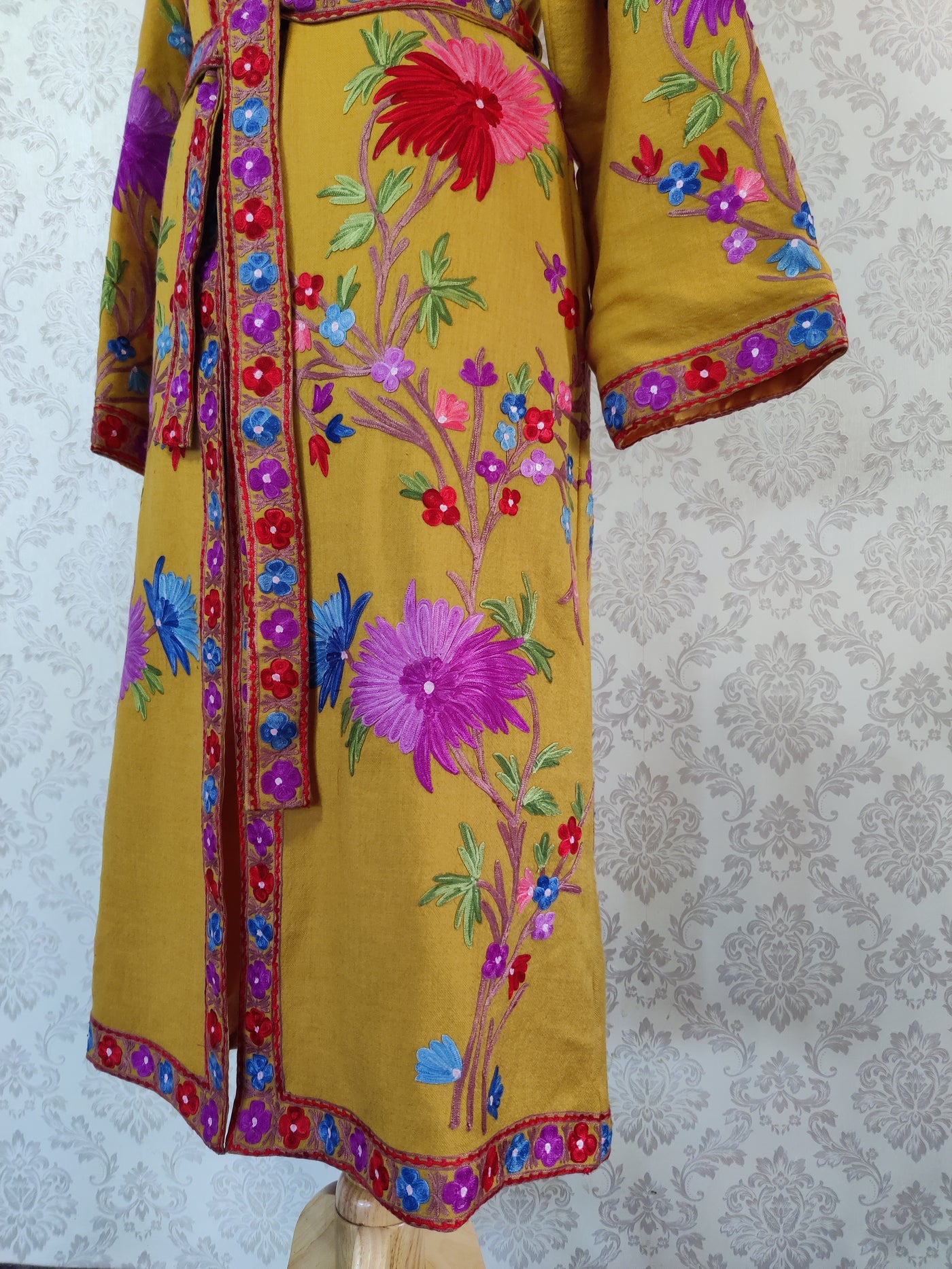 Yellow Long Kashmiri Embroidery Robe with Floral Embroidery Belt | Kashmiri Kimono - KashmKari