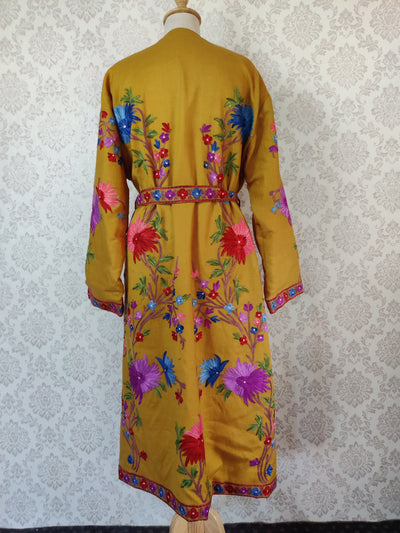 Yellow Long Kashmiri Embroidery Robe with Floral Embroidery Belt | Kashmiri Kimono - KashmKari