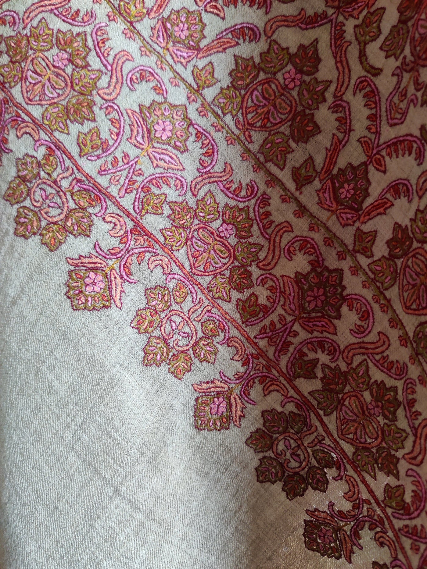 Beige Pure Pashmina / Cashmere Shawl with Multicolor Sozni Hand Embroidery
