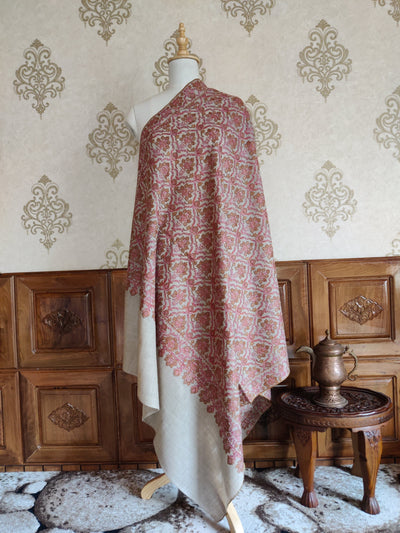 Beige Pure Pashmina / Cashmere Shawl with Multicolor Sozni Hand Embroidery