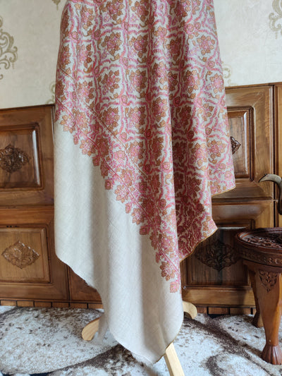 Beige Pure Pashmina / Cashmere Shawl with Multicolor Sozni Hand Embroidery