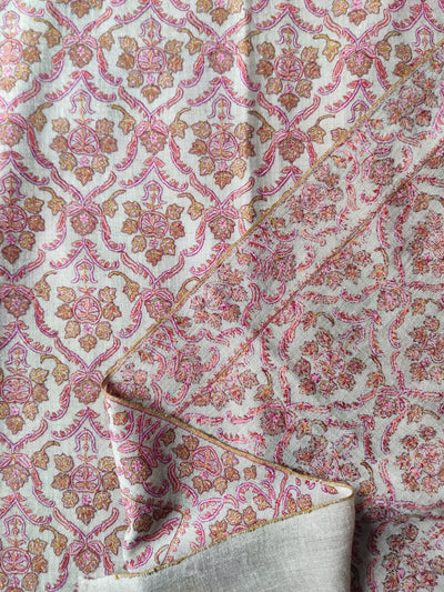 Beige Pure Pashmina / Cashmere Shawl with Multicolor Sozni Hand Embroidery