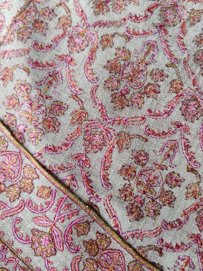 Beige Pure Pashmina / Cashmere Shawl with Multicolor Sozni Hand Embroidery