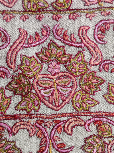 Beige Pure Pashmina / Cashmere Shawl with Multicolor Sozni Hand Embroidery