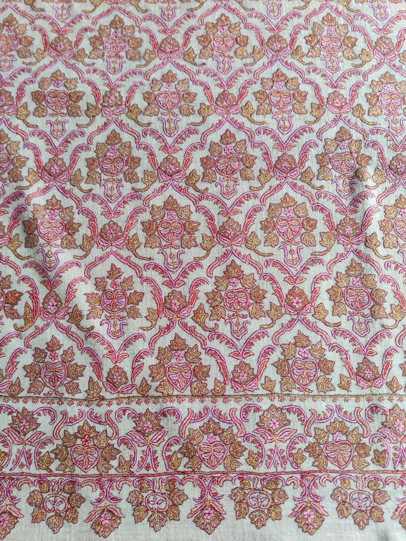Beige Pure Pashmina / Cashmere Shawl with Multicolor Sozni Hand Embroidery