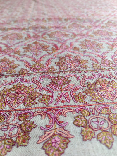 Beige Pure Pashmina / Cashmere Shawl with Multicolor Sozni Hand Embroidery