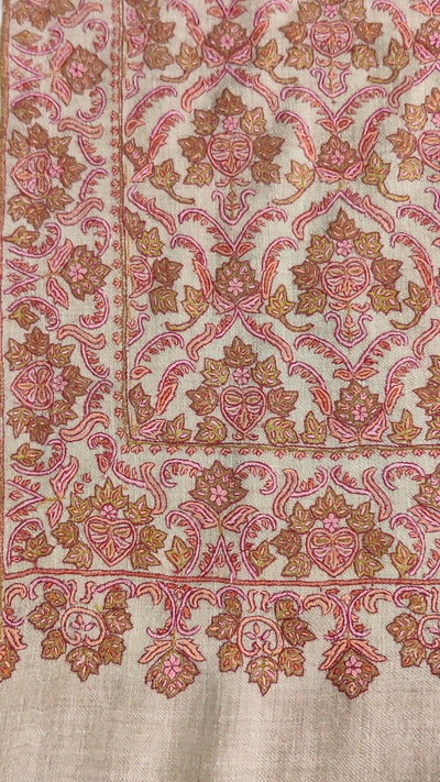 Beige Pure Pashmina / Cashmere Shawl with Multicolor Sozni Hand Embroidery